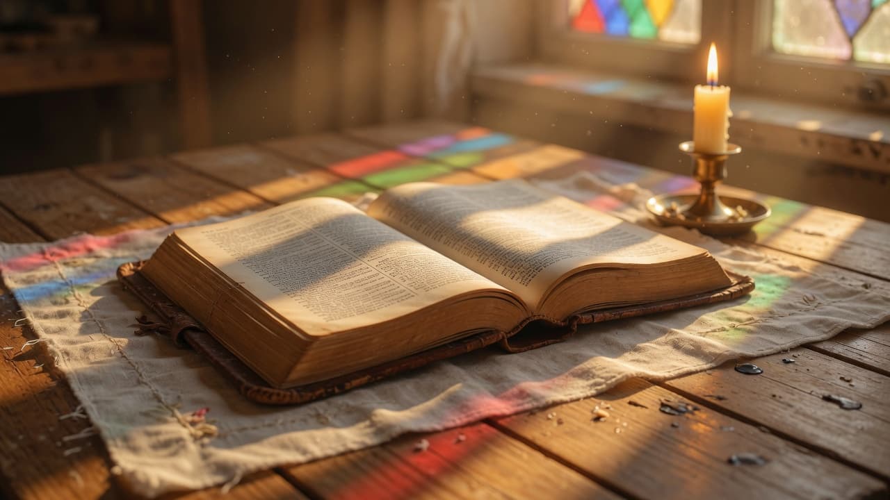An open Bible in morning light beside a candle