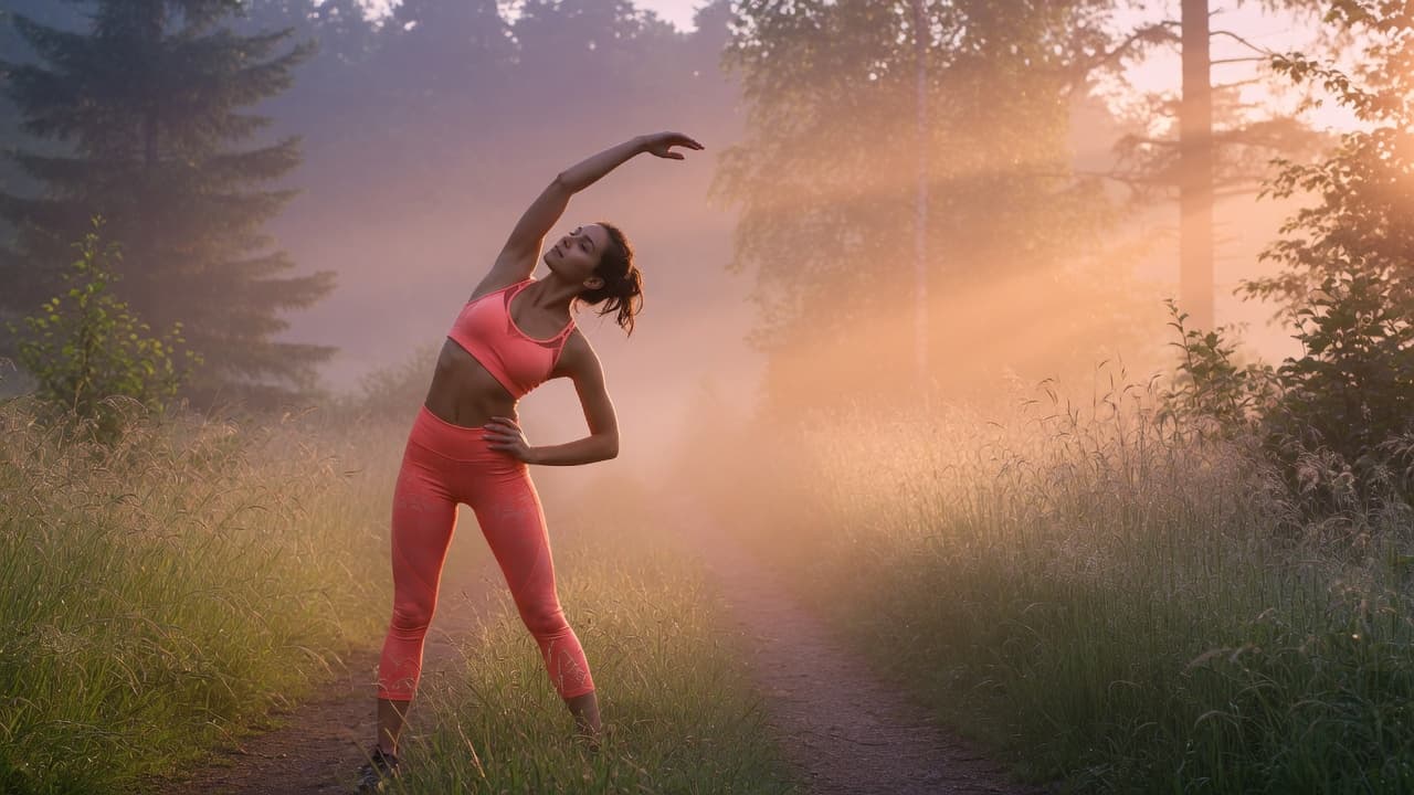 A woman stretching on a misty sunrise trail