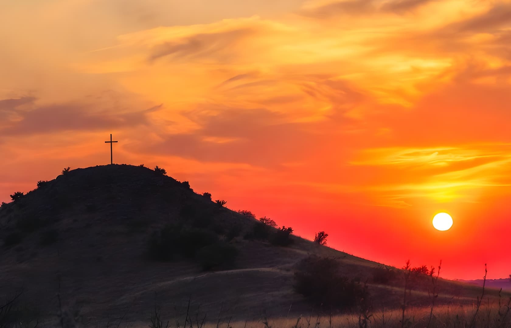 Three luminous cords stretching across a golden dawn landscape
