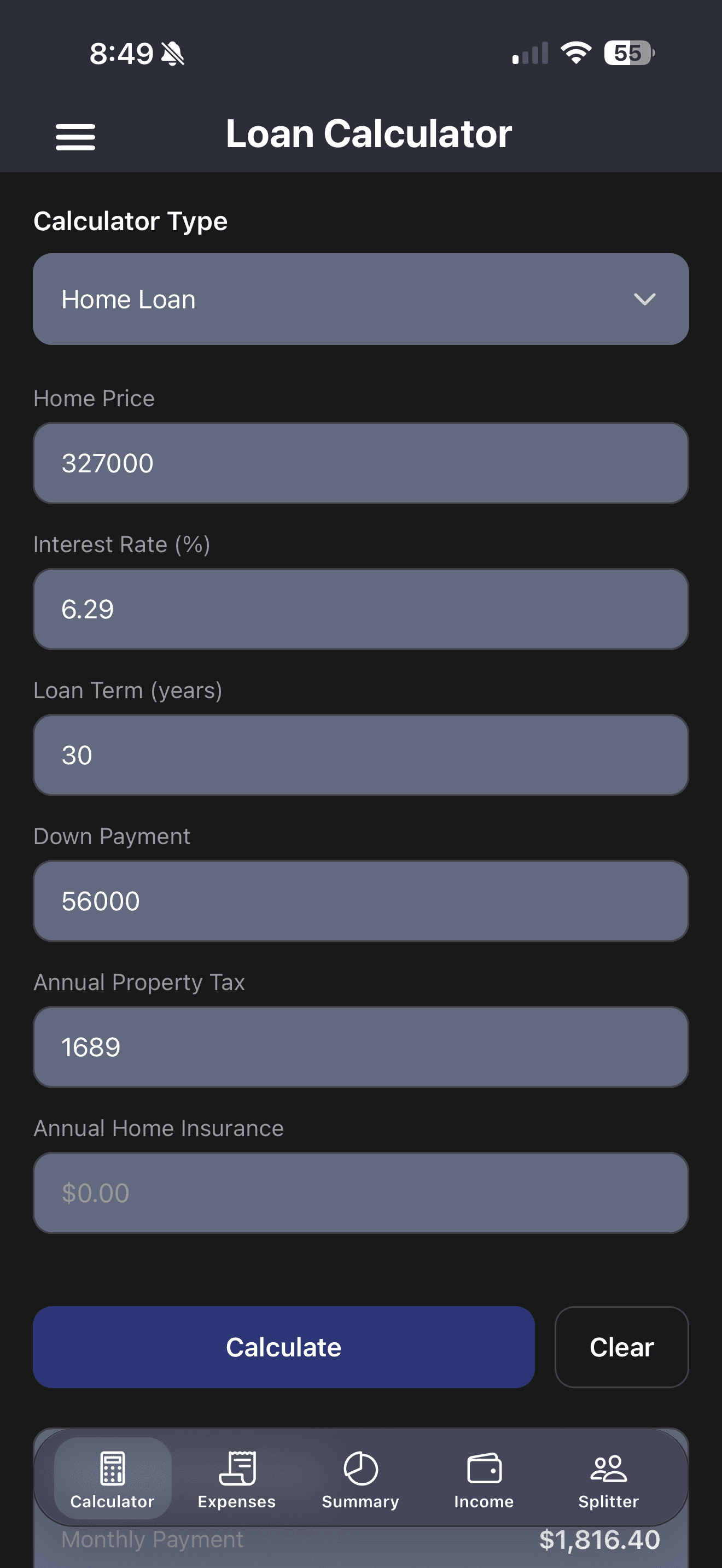 Finance tracking — screen 1
